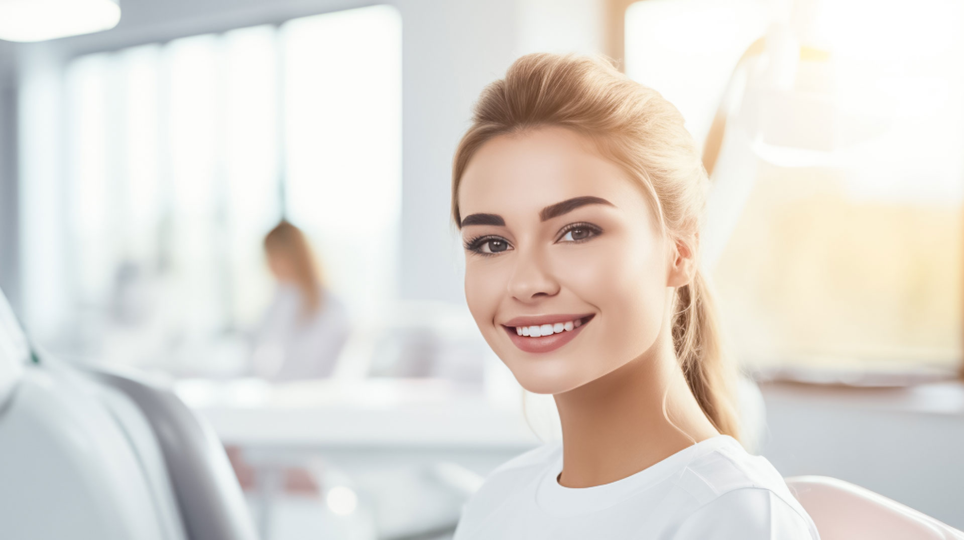 The image features a smiling woman in a professional setting, likely a dental or medical office, with a focus on her face and the bright lighting.
