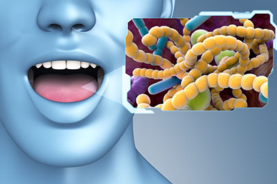 The image features a three-dimensional rendering of a person s face with an open mouth, displaying a microscopic view of bacteria and viruses, suggesting a theme related to health or medical science.