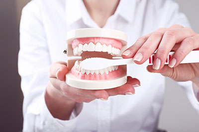 A person s hand holding a dental impression mold, with a toothbrush and a model of human teeth in the background.