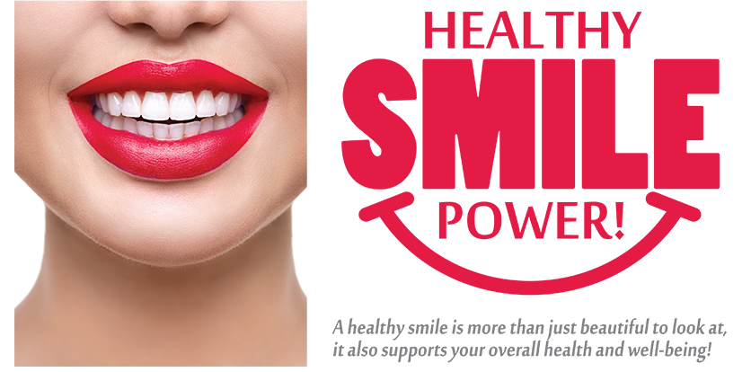 The image is a promotional graphic for  Healthy Smile Power,  featuring a close-up of a person s face with vibrant red lipstick.